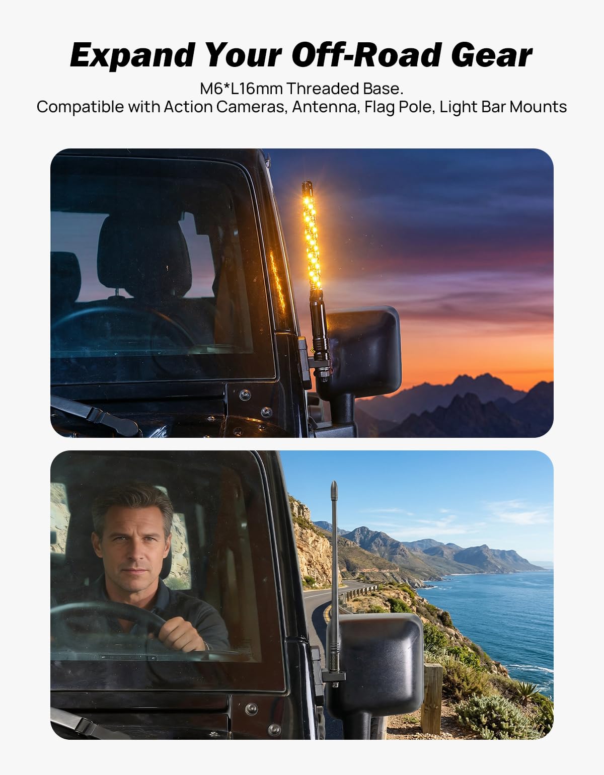 JOYTUTUS lifestyle shot of open-road Wrangler with mirrors improving sightlines