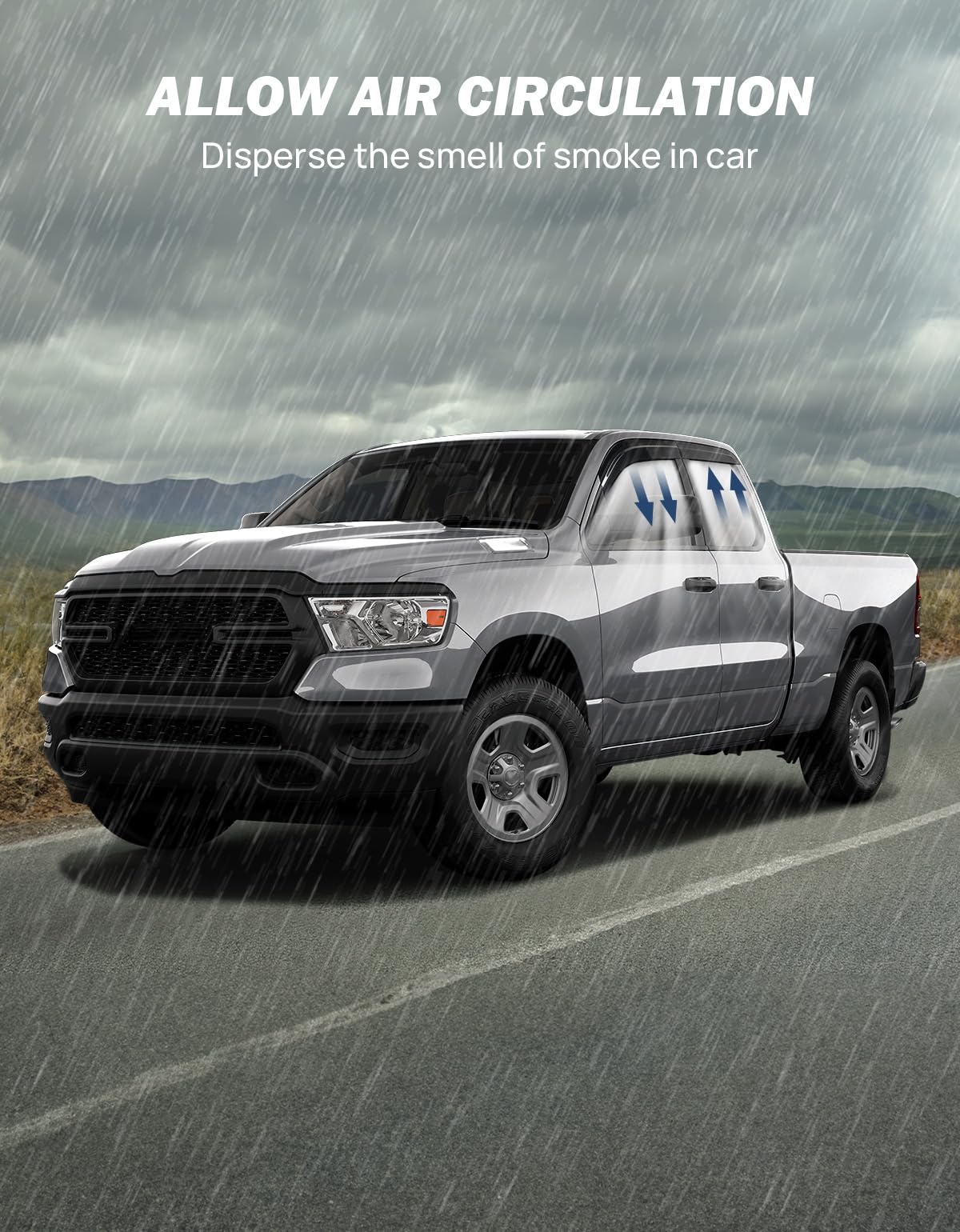 JOYTUTUS lifestyle shot of Ram 1500 parked in rain demonstrating weather protection