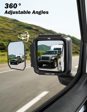 JOYTUTUS mirror mounted on Jeep while towing a trailer demonstrating extended sightlines