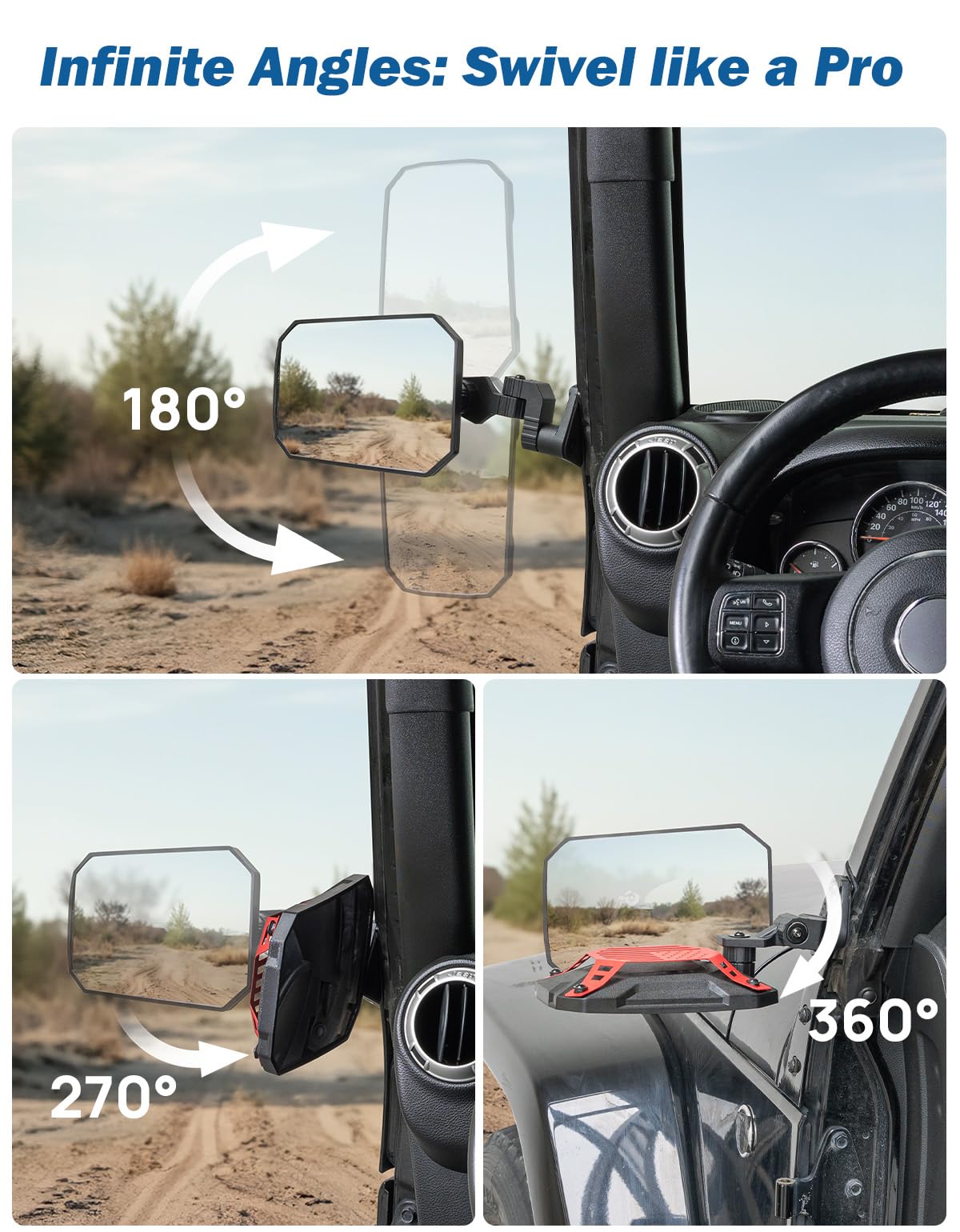 JOYTUTUS mirror mounted on Wrangler doors off showcasing improved rear visibility