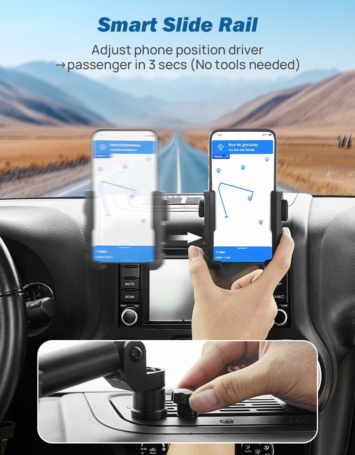 JOYTUTUS mounted phone in portrait view demonstrating one-handed adjustment convenience