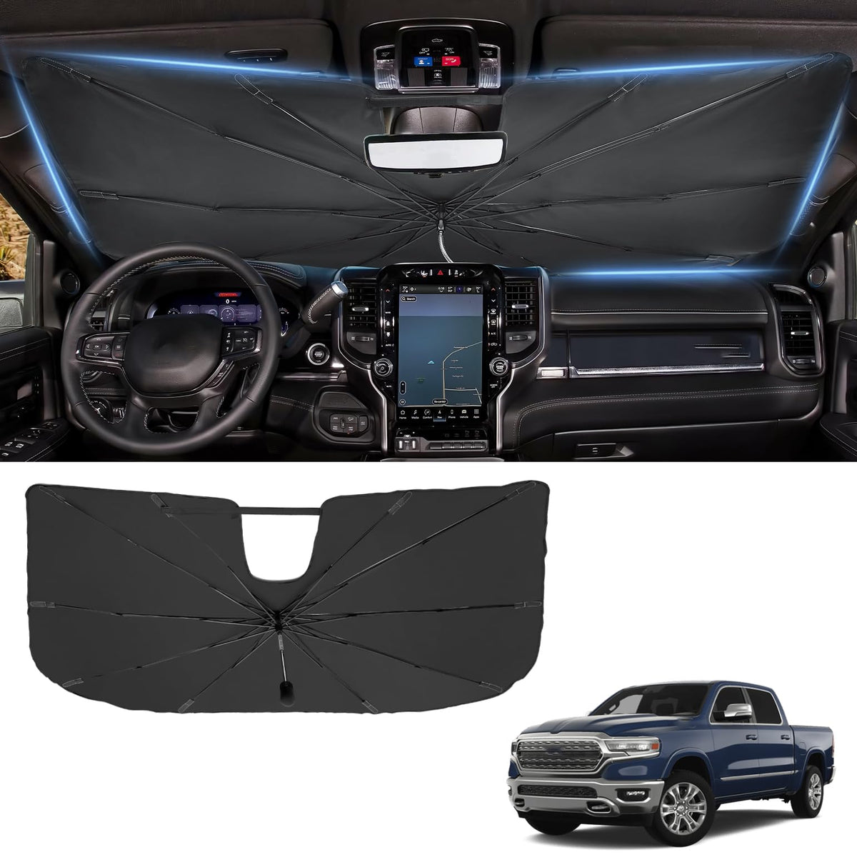 JOYTUTUS next to measuring tape illustrating tailored fit for Dodge Ram windshield