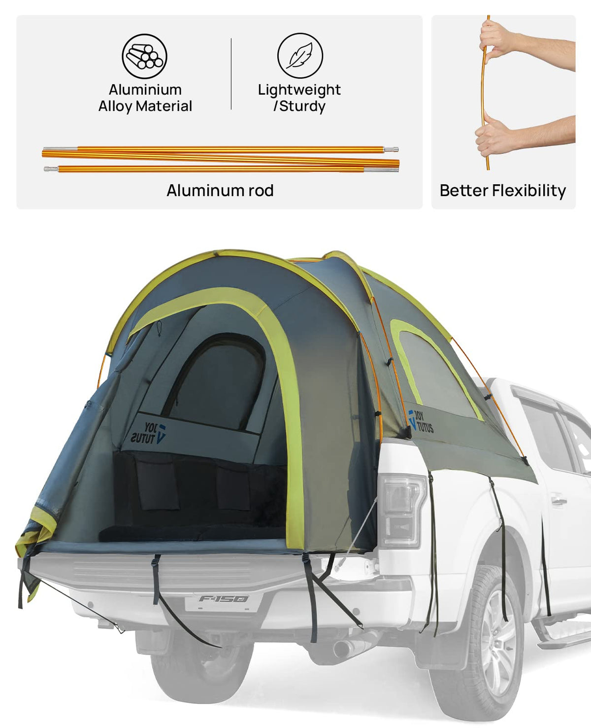 JOYTUTUS tent on truck bed showing scale and fit for 5.5 to 5.8 foot beds