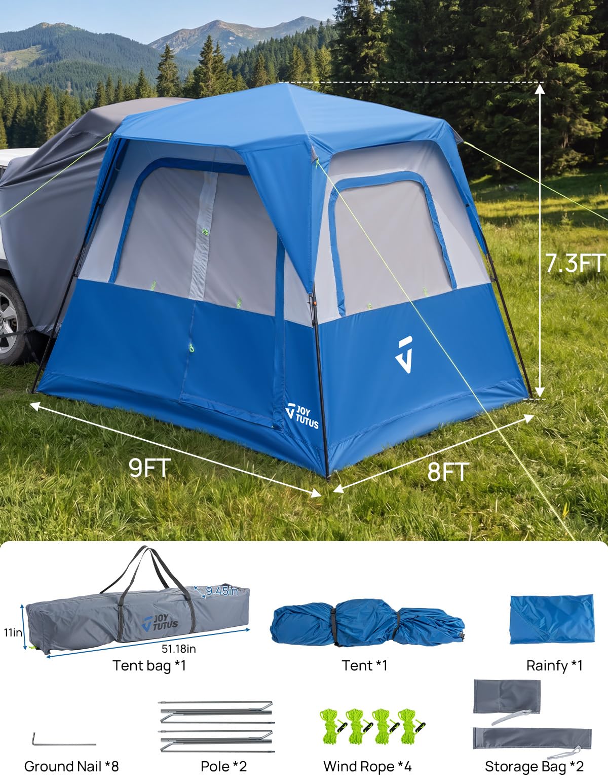 JOYTUTUS tent next to family illustrating 9x8 ft space and family comfort benefit