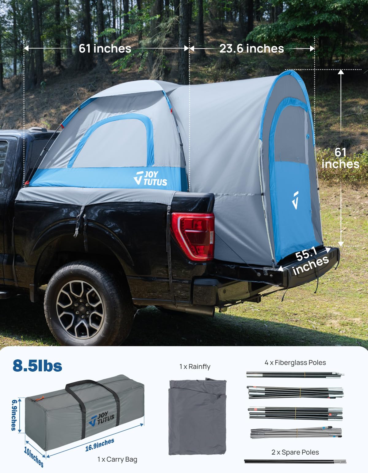 JOYTUTUS tent fitted in pickup bed showing exact size and scale