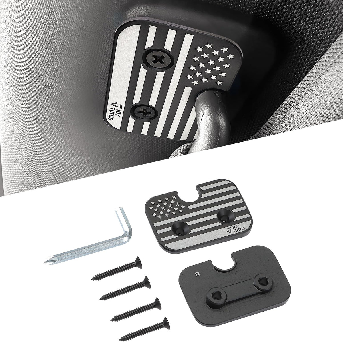 JOYTUTUS front-view of aluminum sun visor clip showing fit and finish, durable replacement