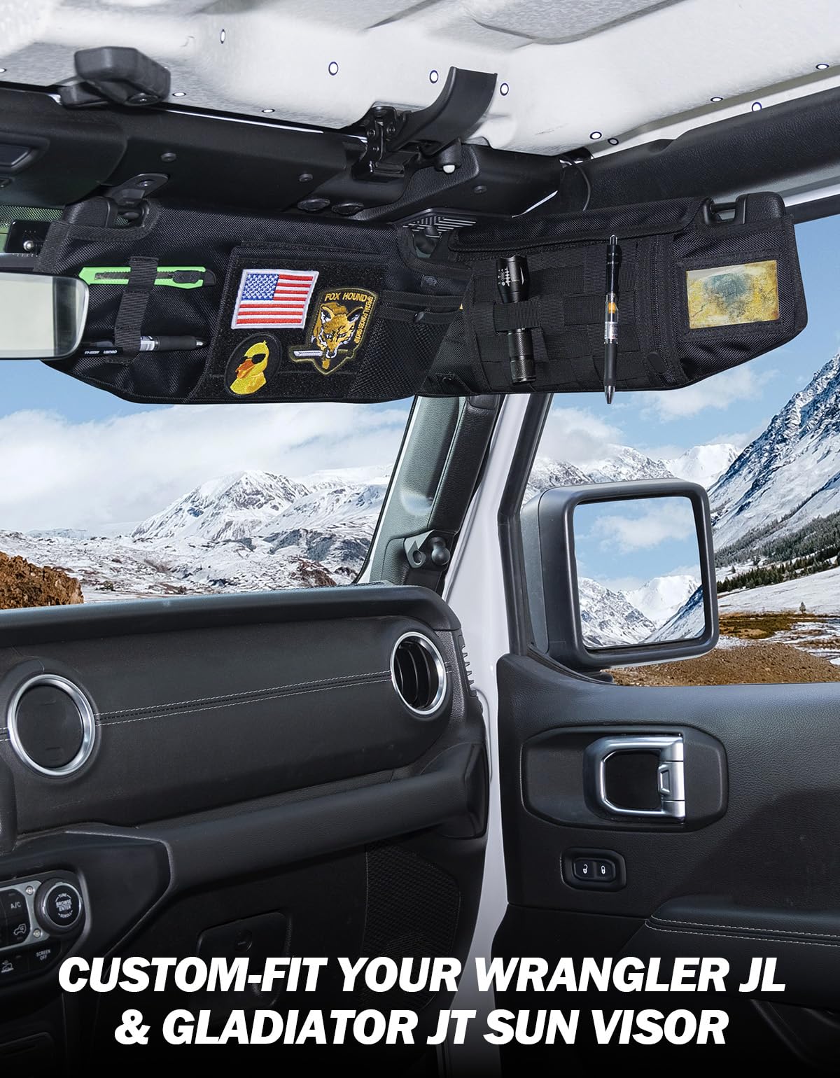 JOYTUTUS installed on passenger visor in Jeep showing neat fit and driving convenience benefit