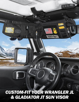 JOYTUTUS installed in Wrangler JL visor, provides reachable storage without blocking mirror