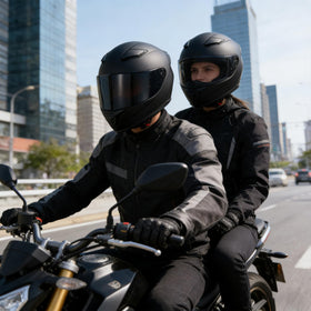 JQF Gear helmet on rider in urban setting illustrating everyday use and protection