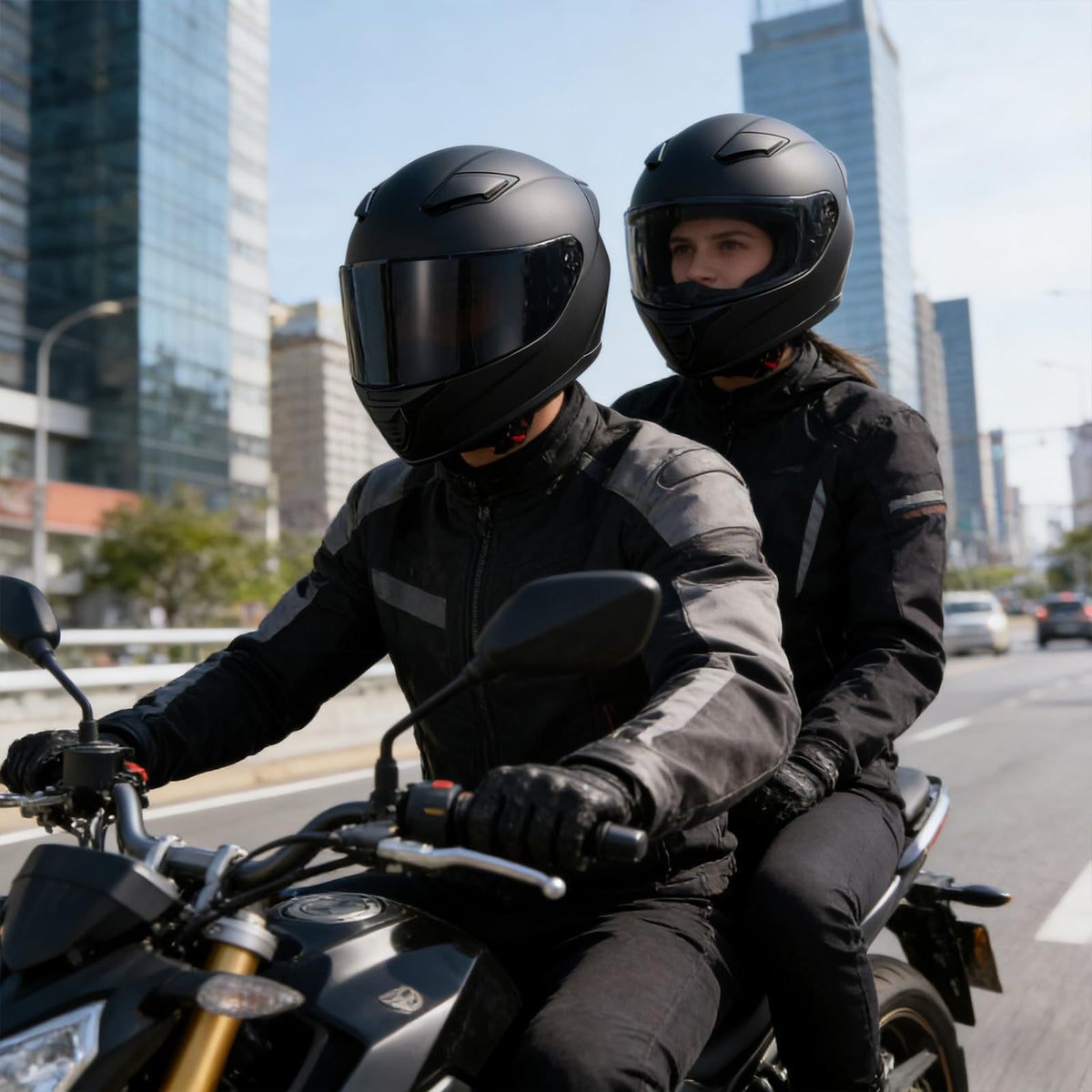 JQF Gear helmet worn by rider illustrating comfort and on-road use