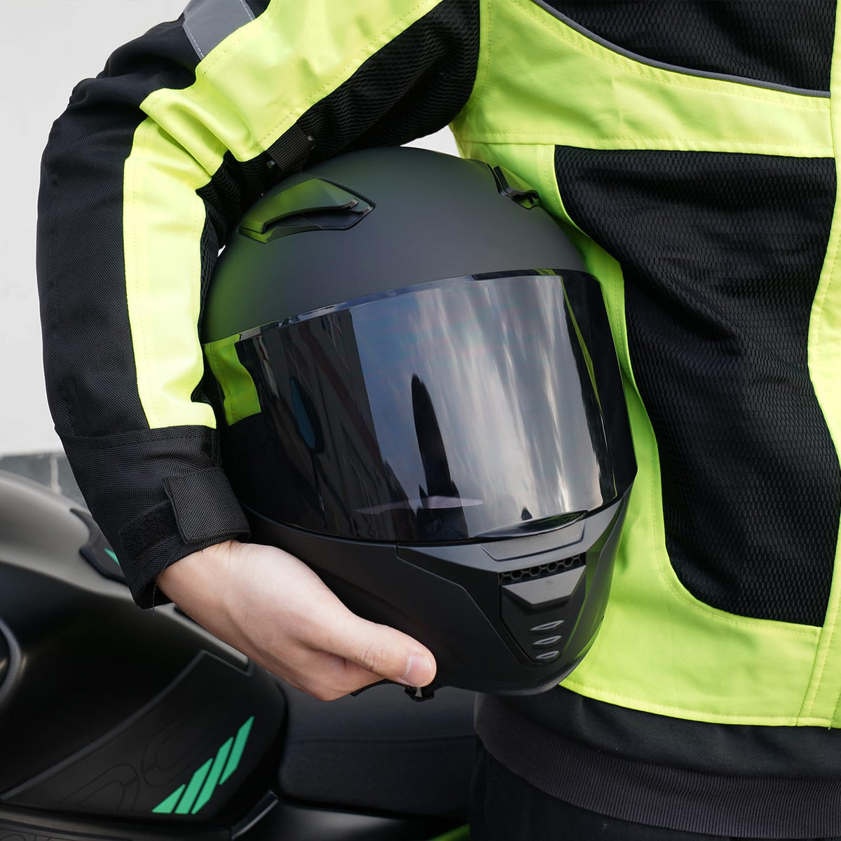 JQF Gear WS-607 on motorcycle lifestyle shot showing real-world riding comfort