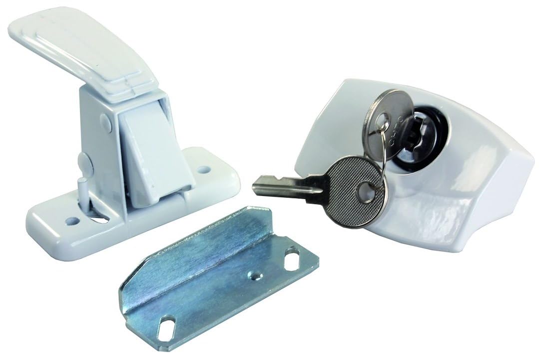 JR Products 11685 front view showing white painted latch and included screws for durable secure replacement