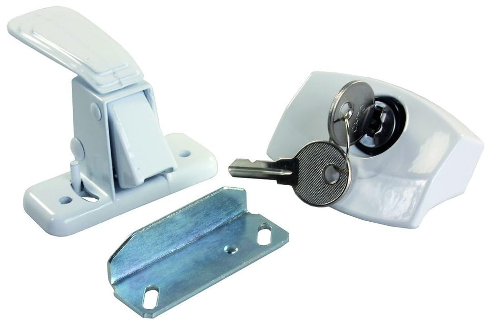 JR Products 11685 front view showing white painted latch and included screws for durable secure replacement