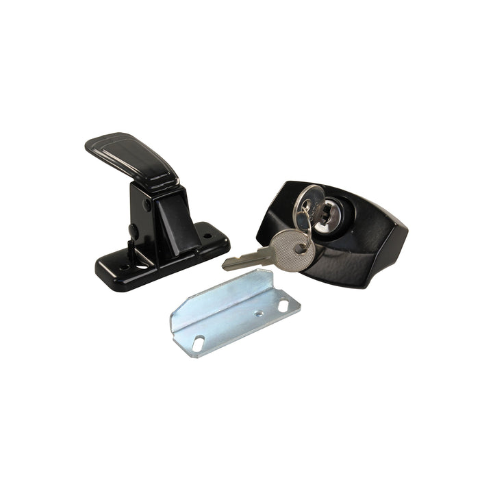 JR Products black locking camper door latch front view showing durable finish and secure fit
