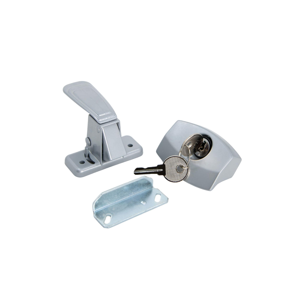 JR Products silver camper door latch front view showing keyed 701 slot and secure fit