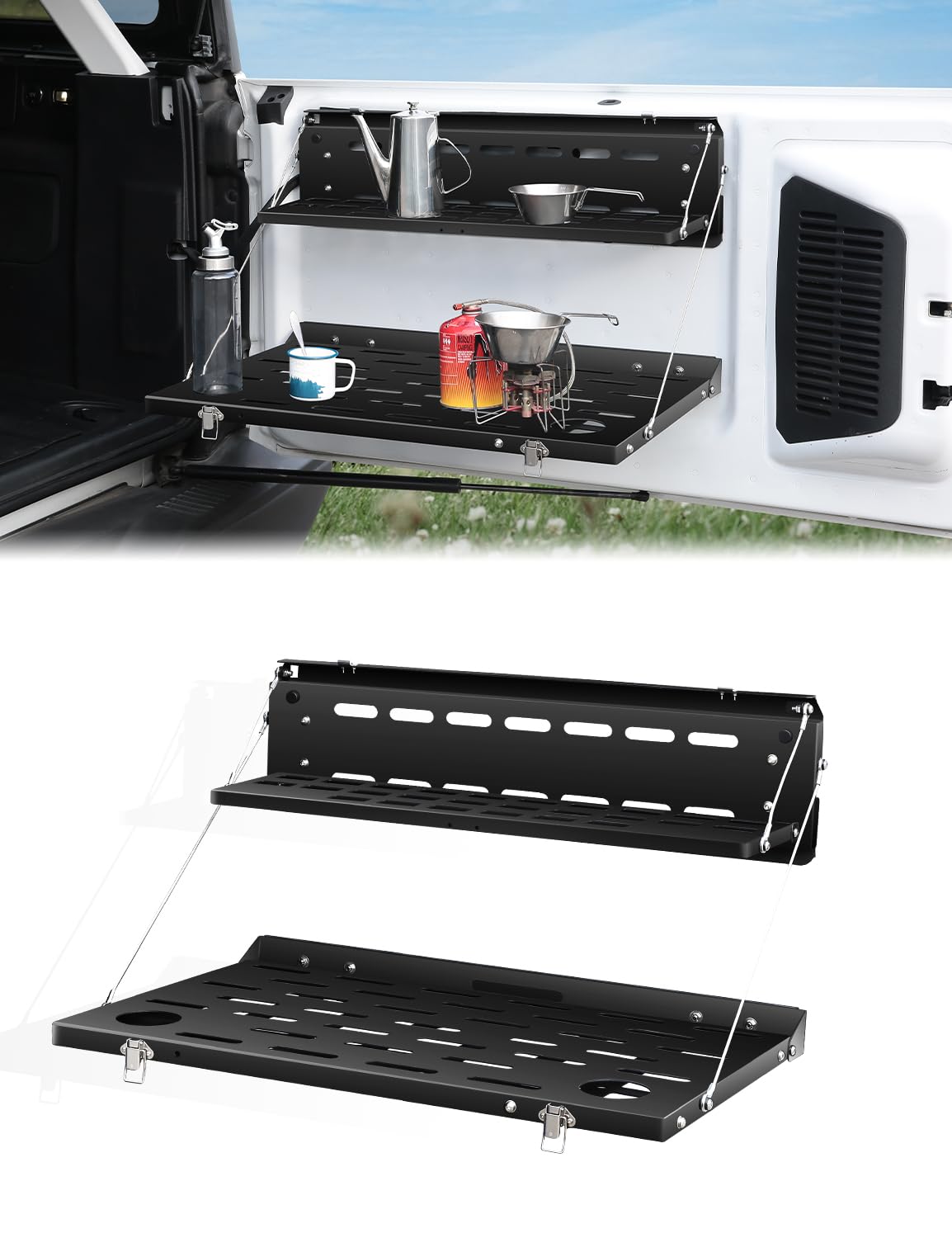 JROAD front view of tailgate table showing secure fit and extra workspace