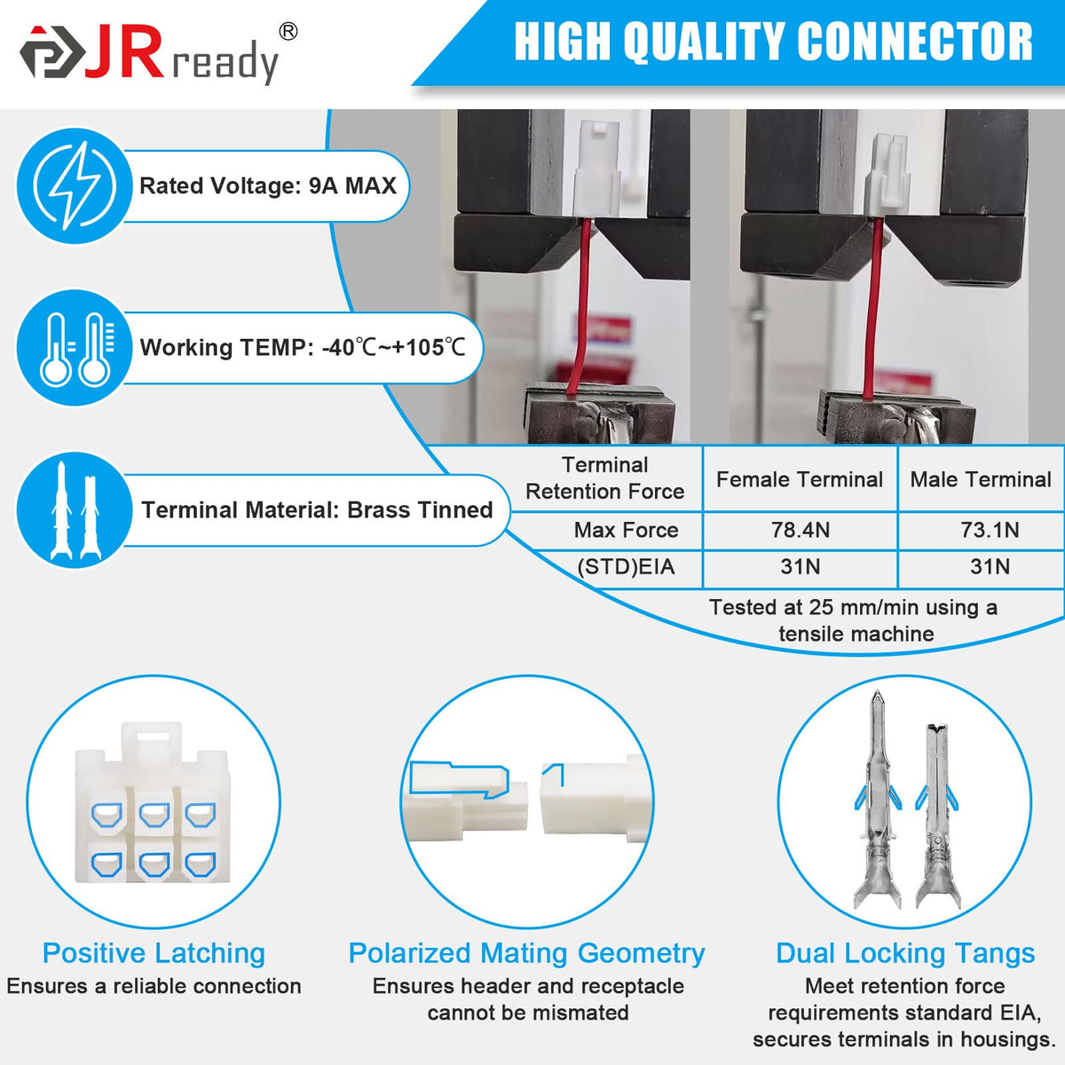 JRready crimped pin inserted into housing demonstrating secure mechanical lock and stable contact