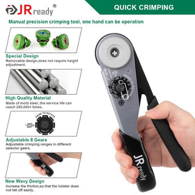 JRready close-up of crimper jaws showing precise 4/8 indent geometry for strong crimps