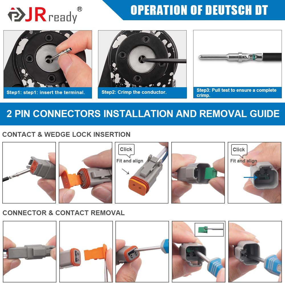 JRready technician using crimp tool on contact showing proper crimping technique for strong terminations
