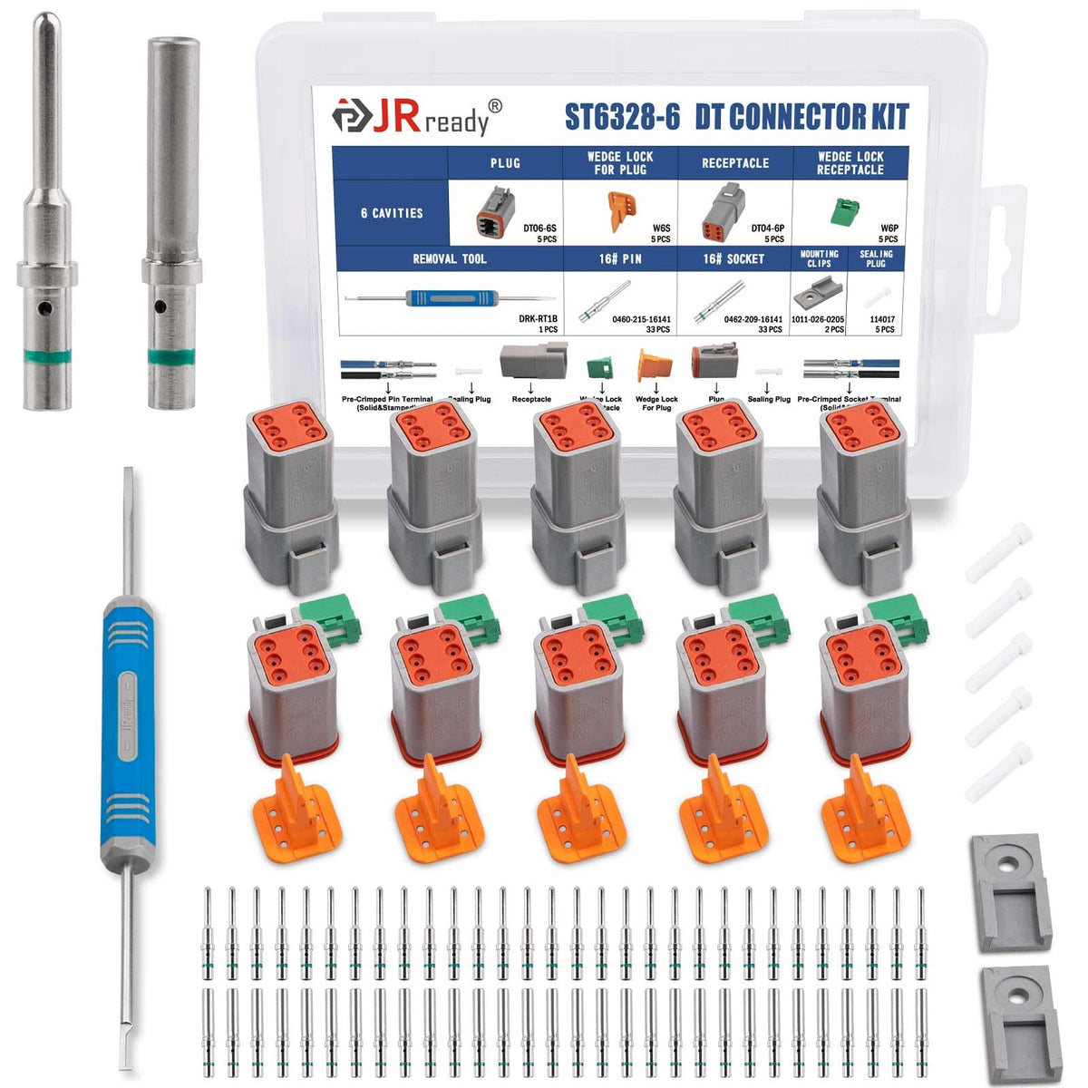 JRready front view of Deutsch DT 6-pin connector kit showing included parts and benefit of readiness