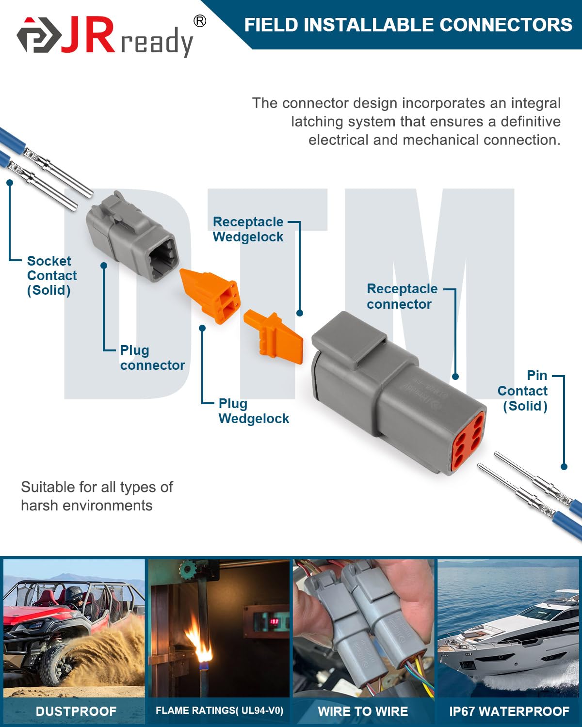 JRready DTM connector housing side profile demonstrating rugged PA66 nylon