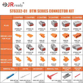 JRready DTM housings array top-down showing connector variety and quick selection