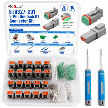 JRready front packaging showing full 2-pin DT connector kit and contents, quick identification
