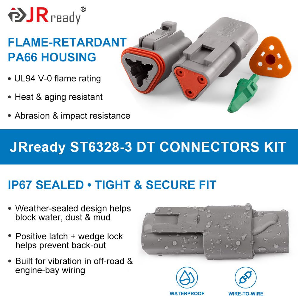 JRready installed DT connector under hood demonstrating weather resistance and tidy harness routing