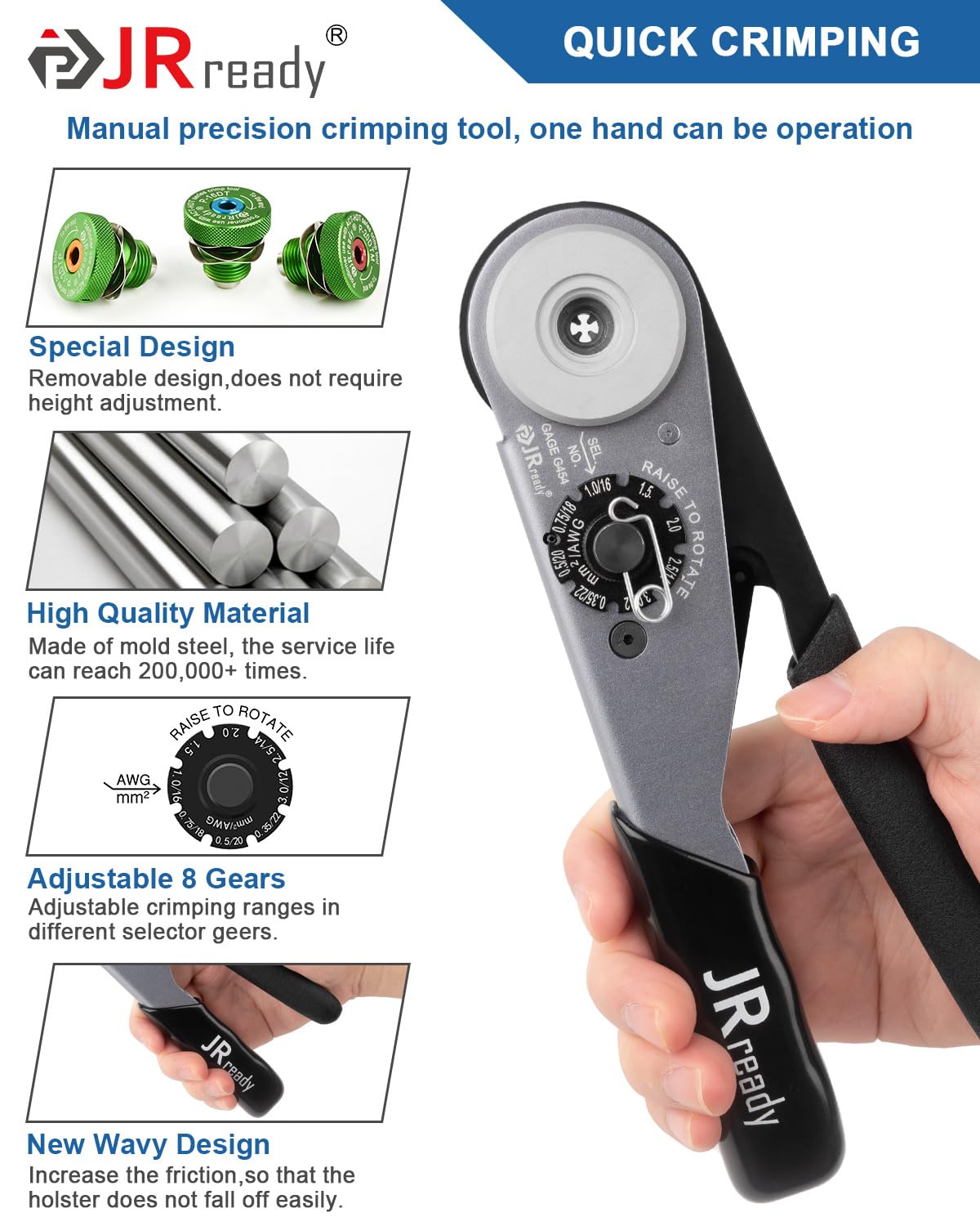 JRready die detail showing crimp profile for reliable 4/8 indent strength