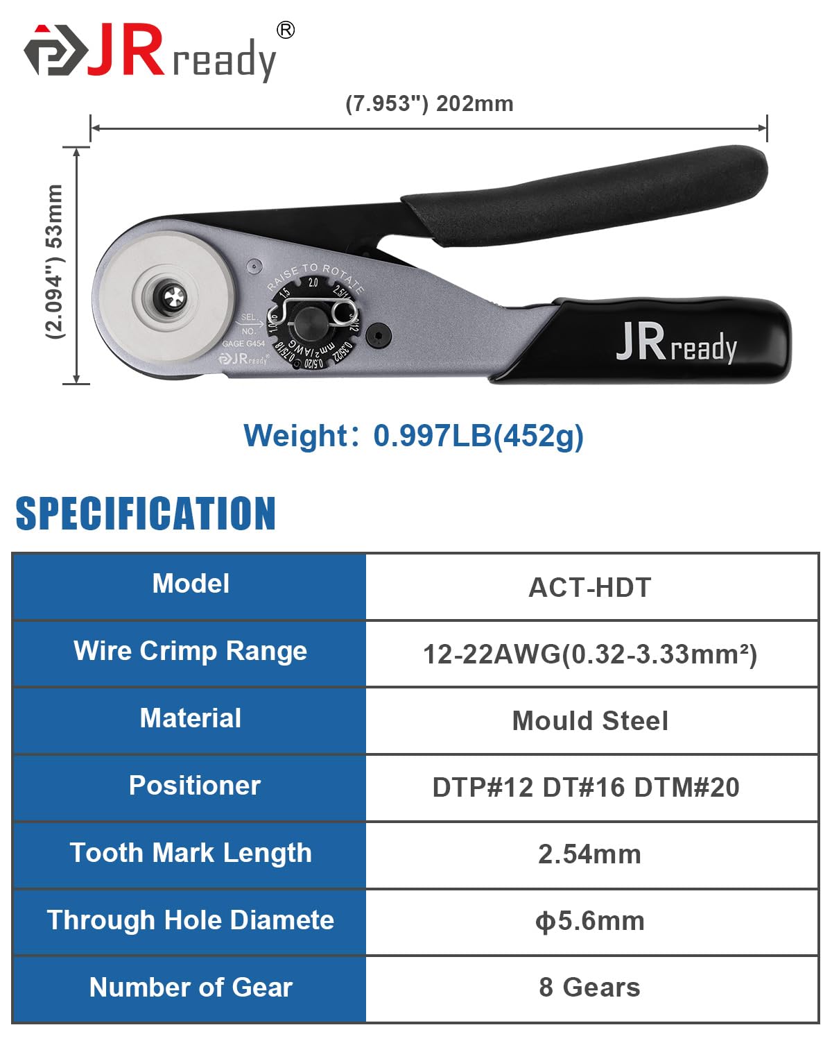 JRready tool in use on wiring harness demonstrating field-ready single-handed crimping