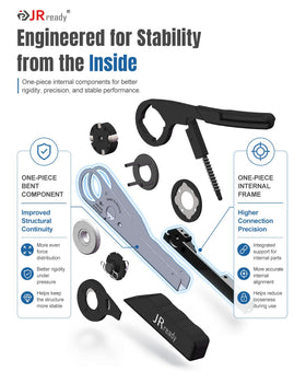 JRready next to ruler for scale showing lightweight, portable crimper dimensions