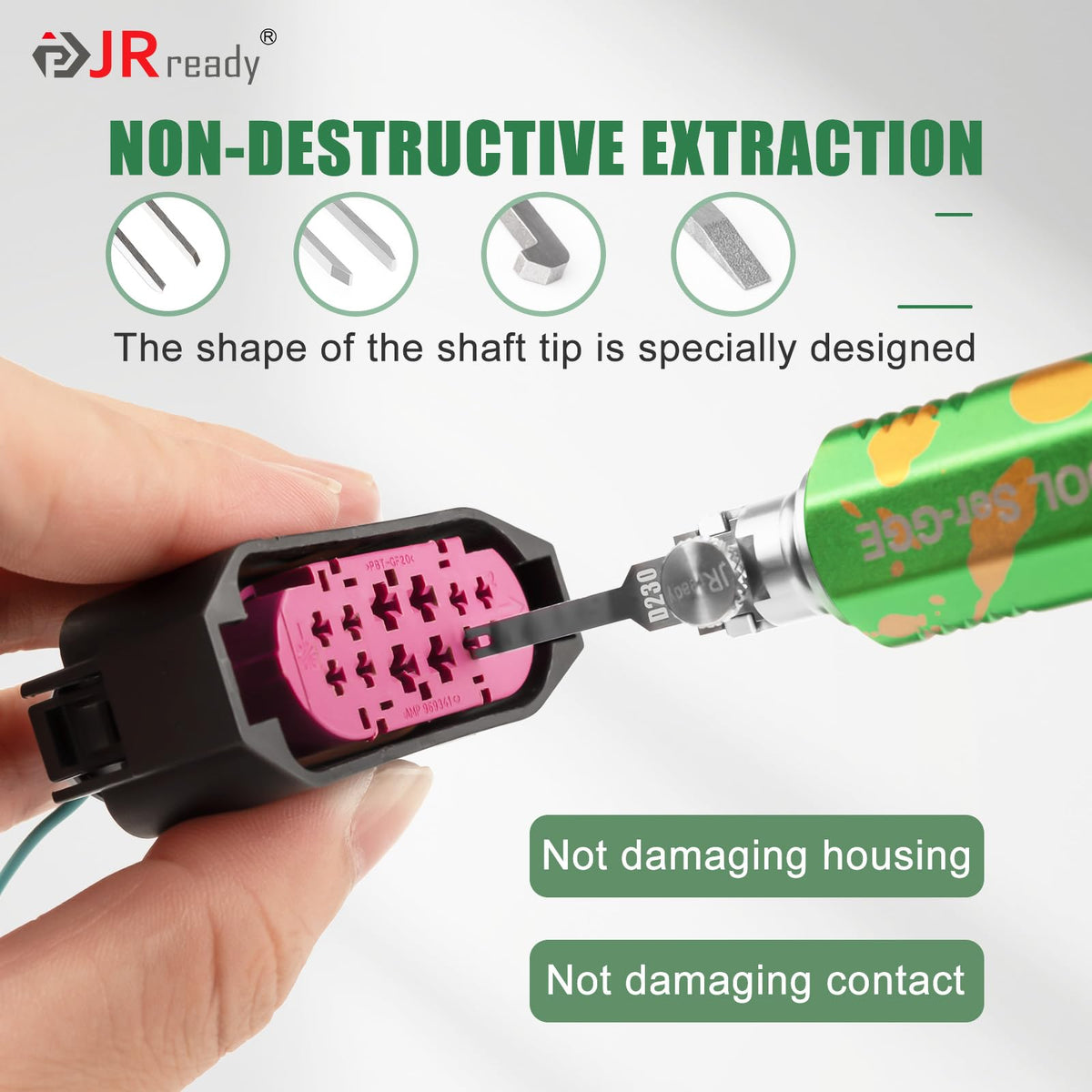 JRready tool extracting a wire pin from automotive harness safely