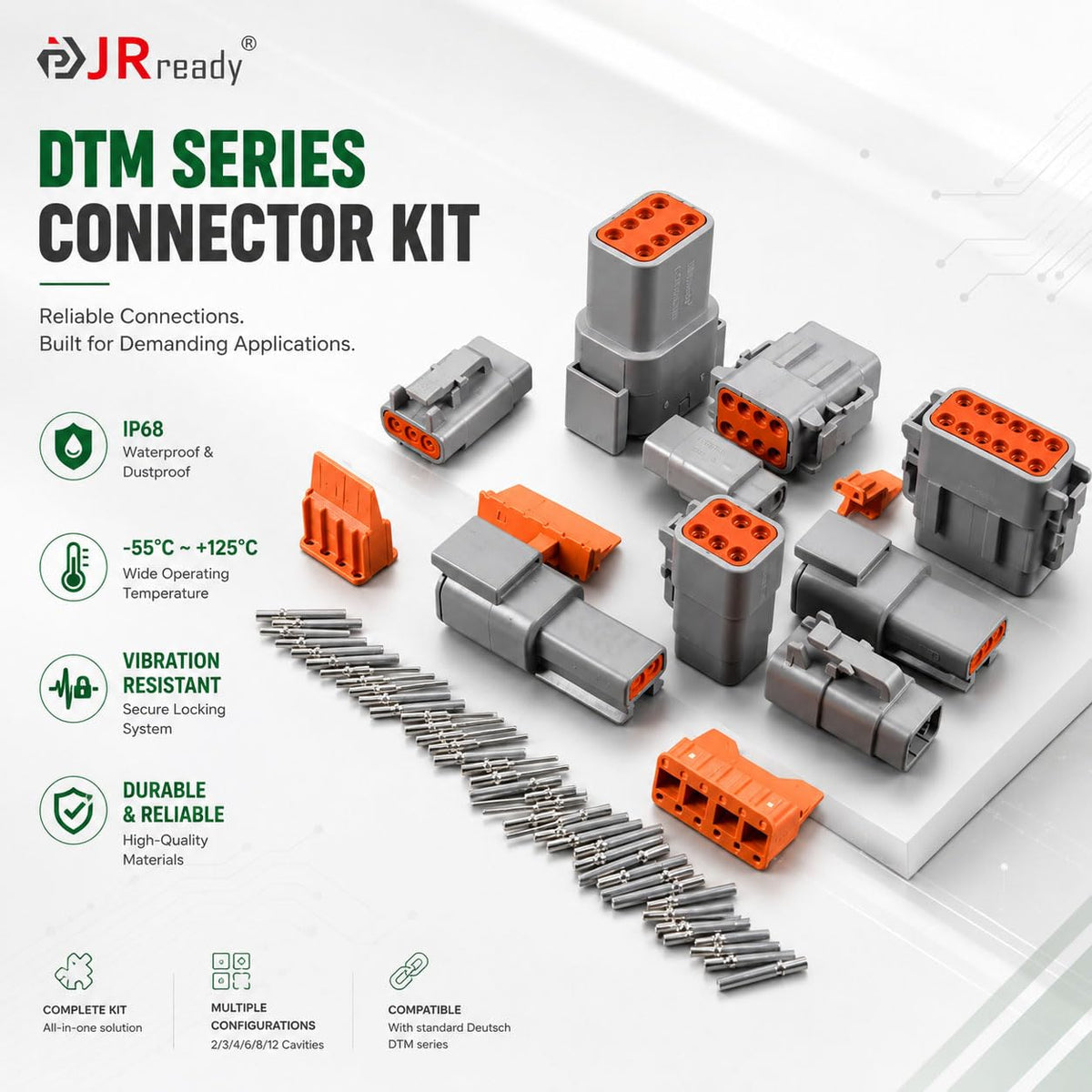 JRready sealing plugs and Deutsch removal tool displayed for maintenance convenience