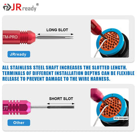 JRready tool in use on Deutsch connector showing safe pin release for fast repairs