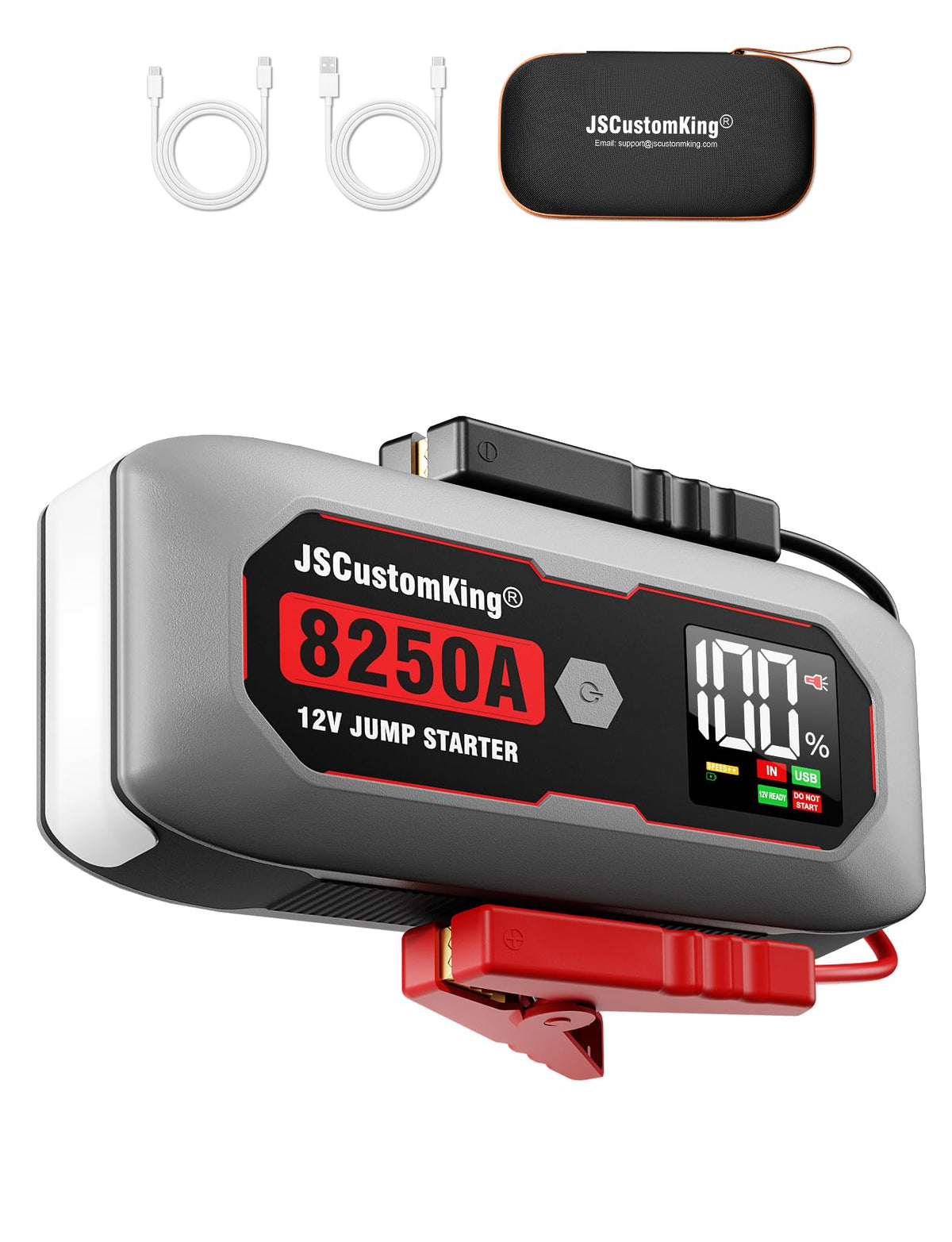 JSCUSTOMKING 8250A front view showing controls and rugged casing, reliable roadside power