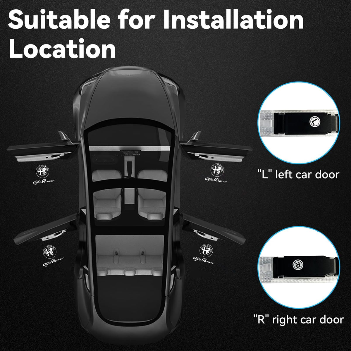 JUNMEI door light installed on Alfa Romeo door showing neat factory-style fitment