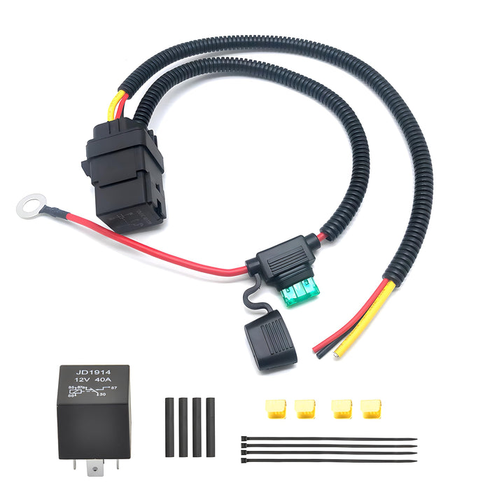 JUNRUO front view of wiring kit showing connectors and relay, ensures correct fit