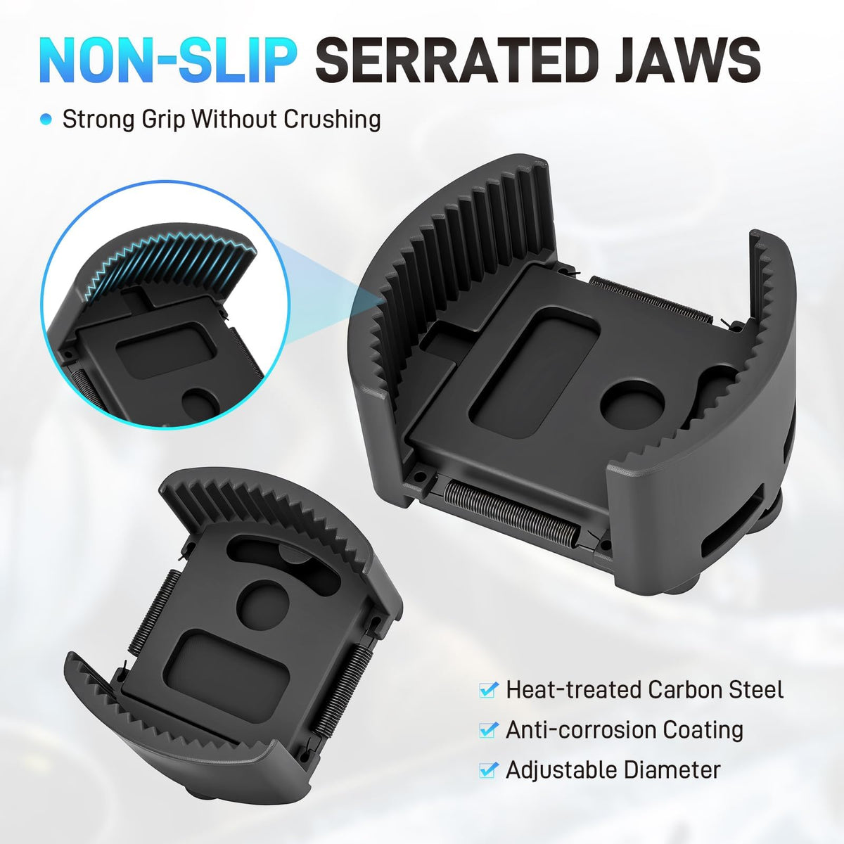 JURPLIX auto-clamp spring mechanism detail showing self-tightening advantage