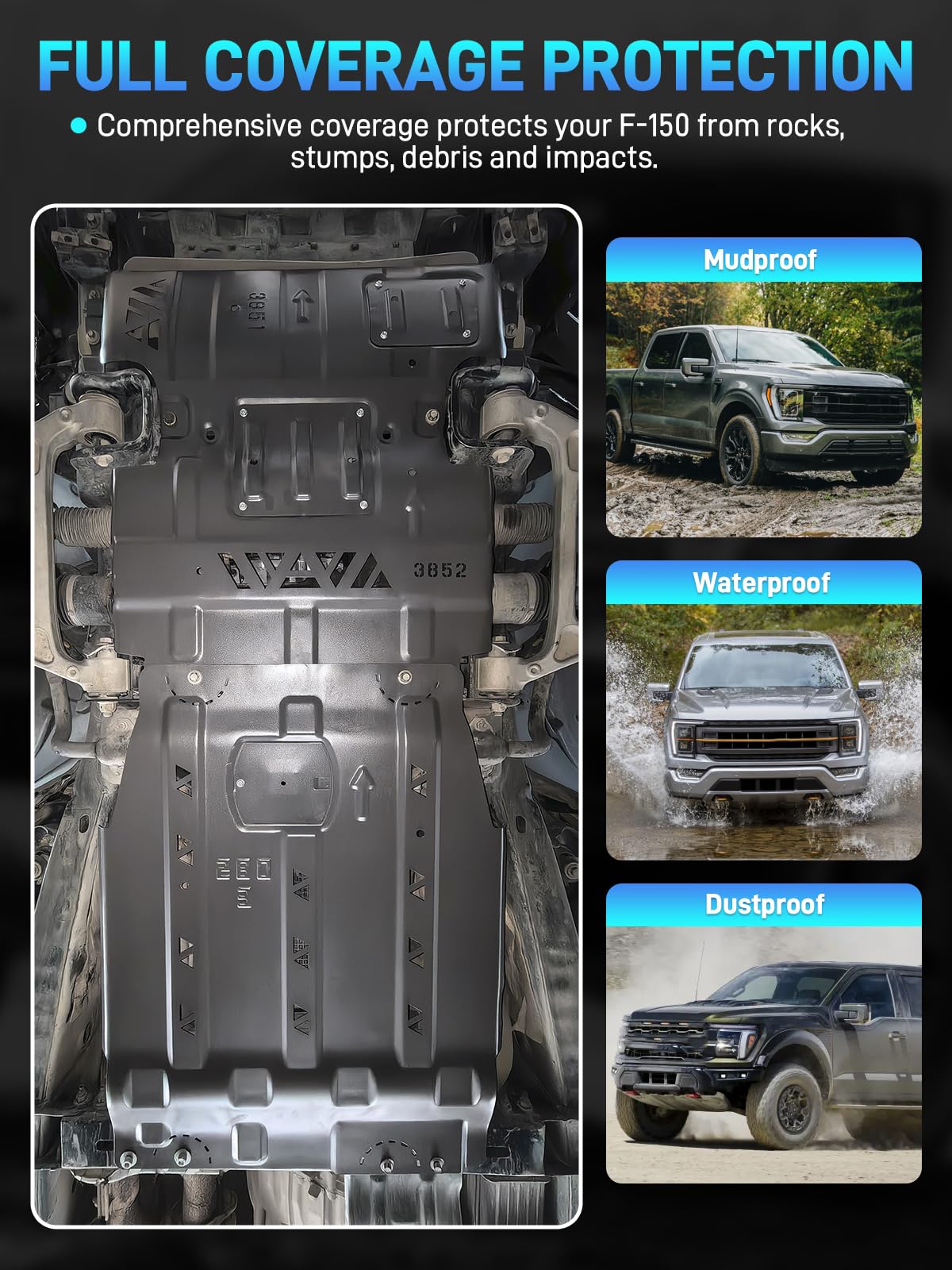 JURPLIX under-guard installed under F150 illustrating protection and airflow maintenance