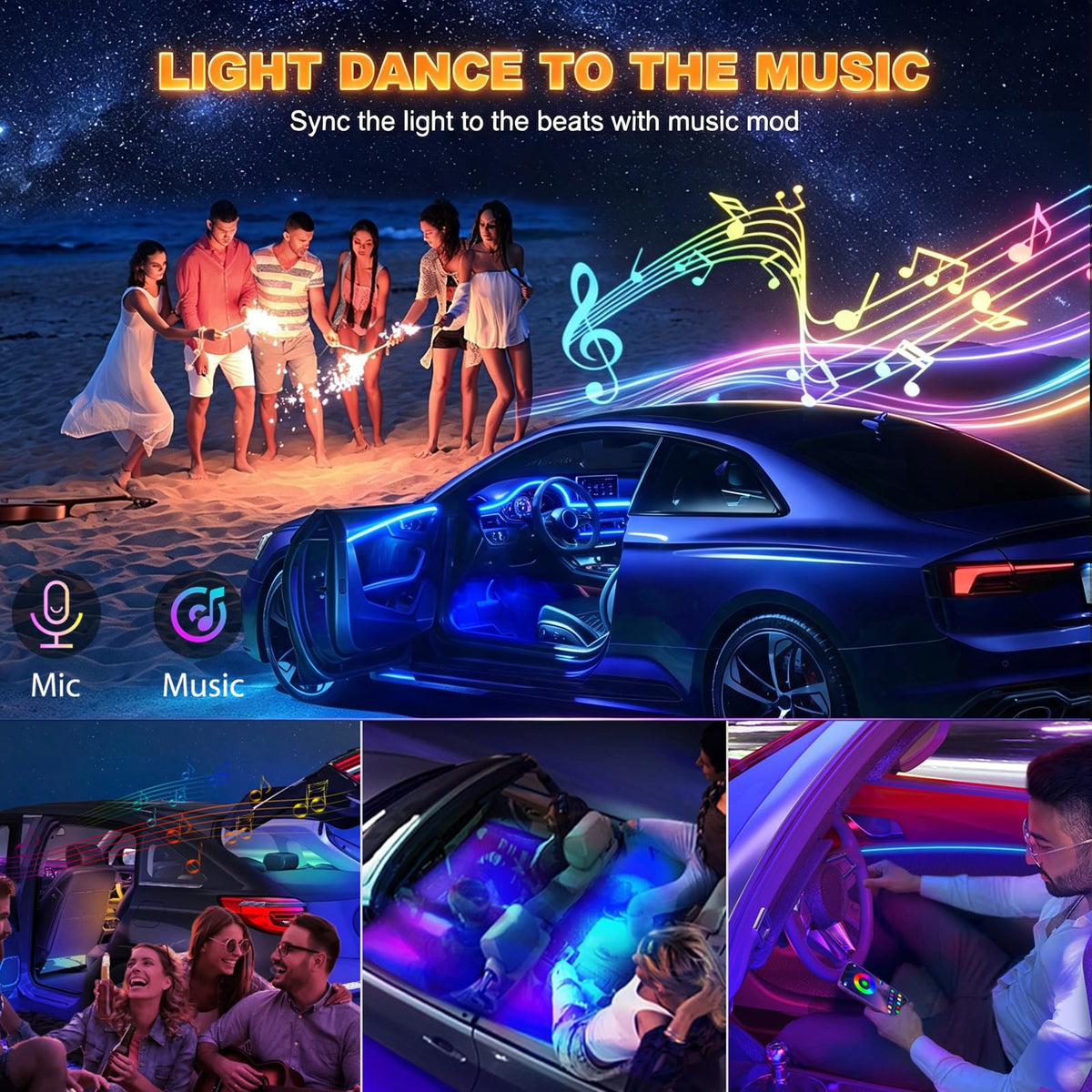 Jushope installed in car footwell demonstrating ambient glow that improves cabin mood