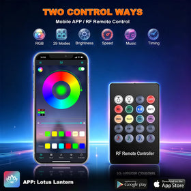 Jushope LED controller and RF remote displayed to show app and manual control benefits
