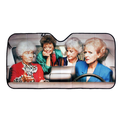 JUST FUNKY front view of sunshade showing full Golden Girls print and heat reflection benefit