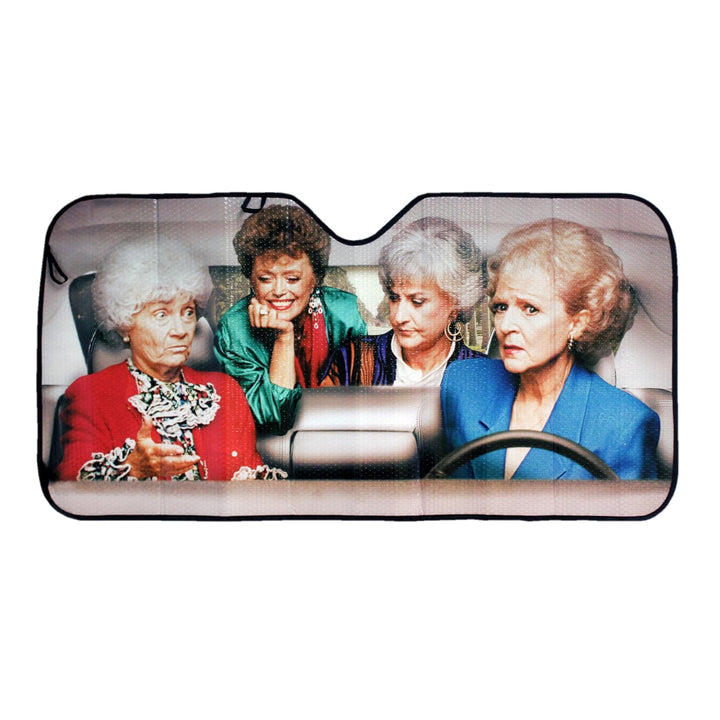 JUST FUNKY front view of sunshade showing full Golden Girls print and heat reflection benefit