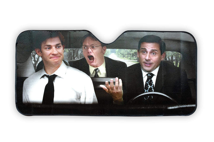 JUST FUNKY front view of The Office windshield shade showing full print and sun protection benefit
