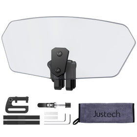 Justech front view showing clip-on deflector and clean fit benefit