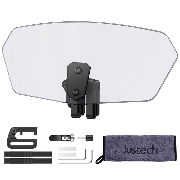 Justech front view showing clip-on deflector and clean fit benefit