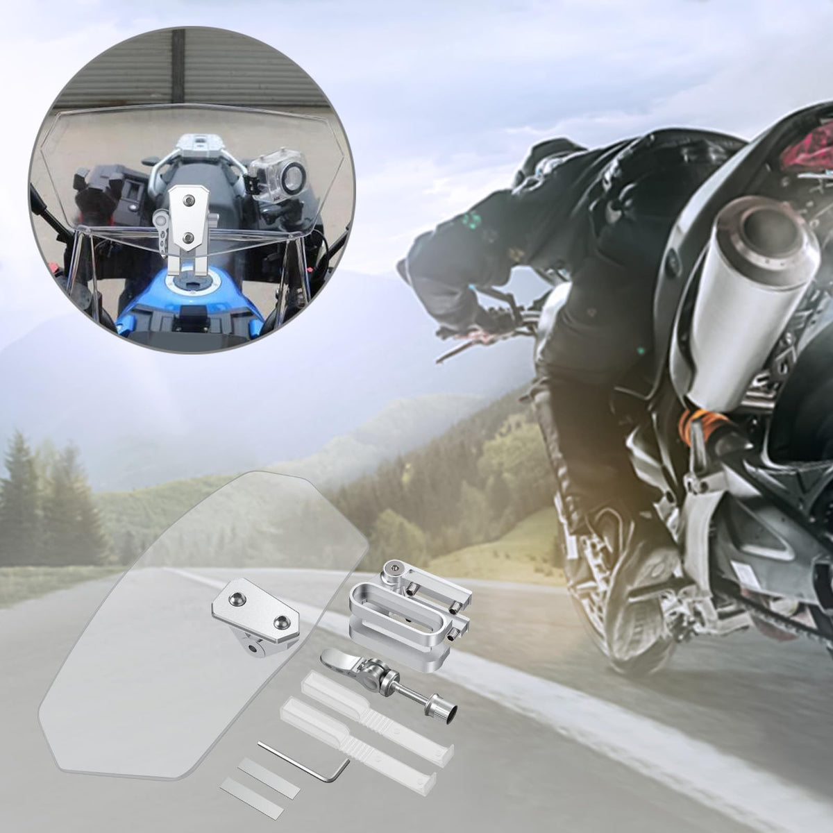 Justech side profile installed on bike demonstrating reduced buffeting benefit