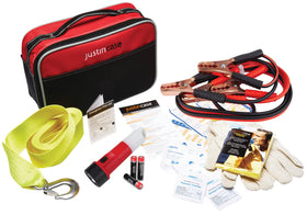 Justin Case front view of compact roadside kit showing organized case and quick access benefits