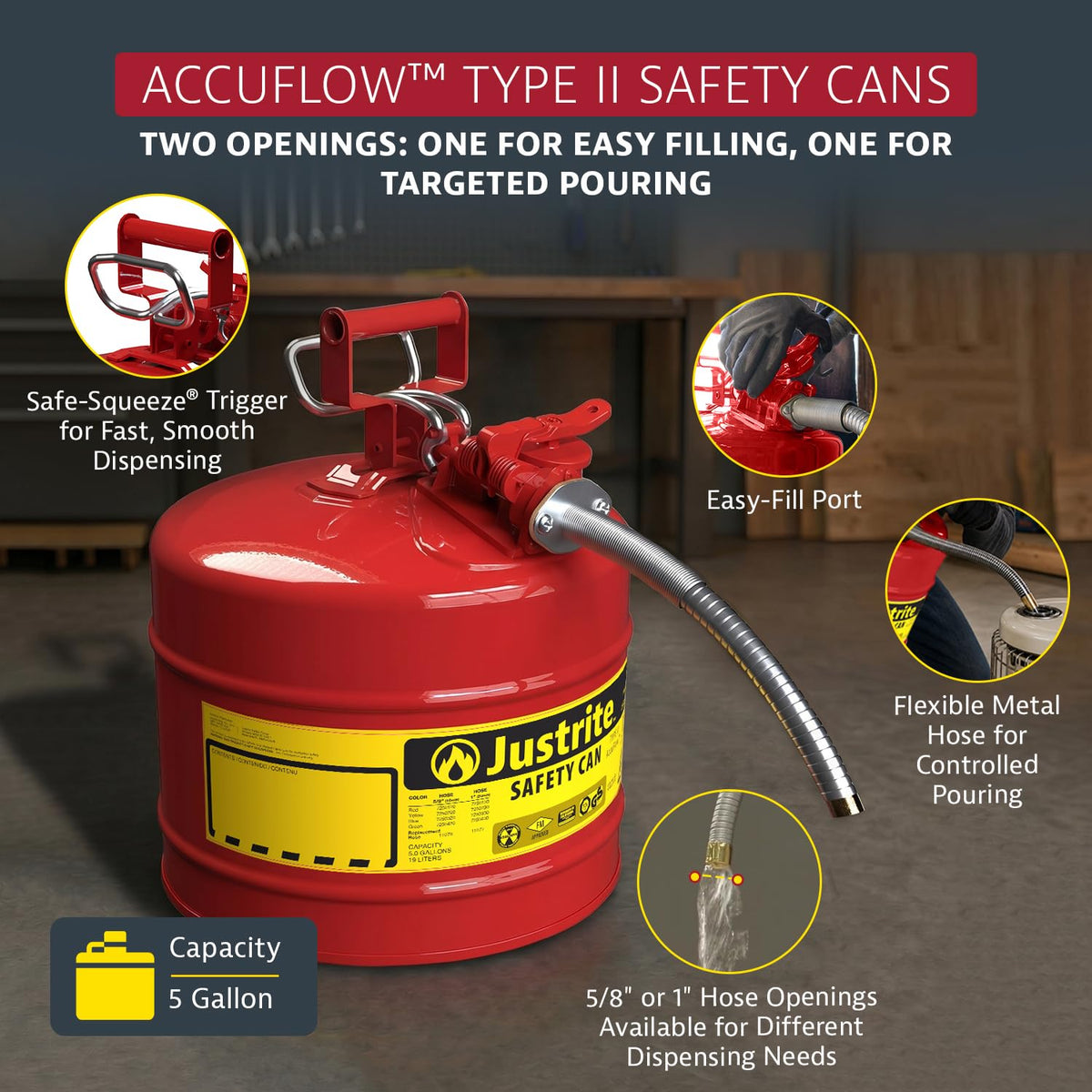 Justrite close-up of patented manifold and Safe-Squeeze trigger offering precise, glug-free pouring