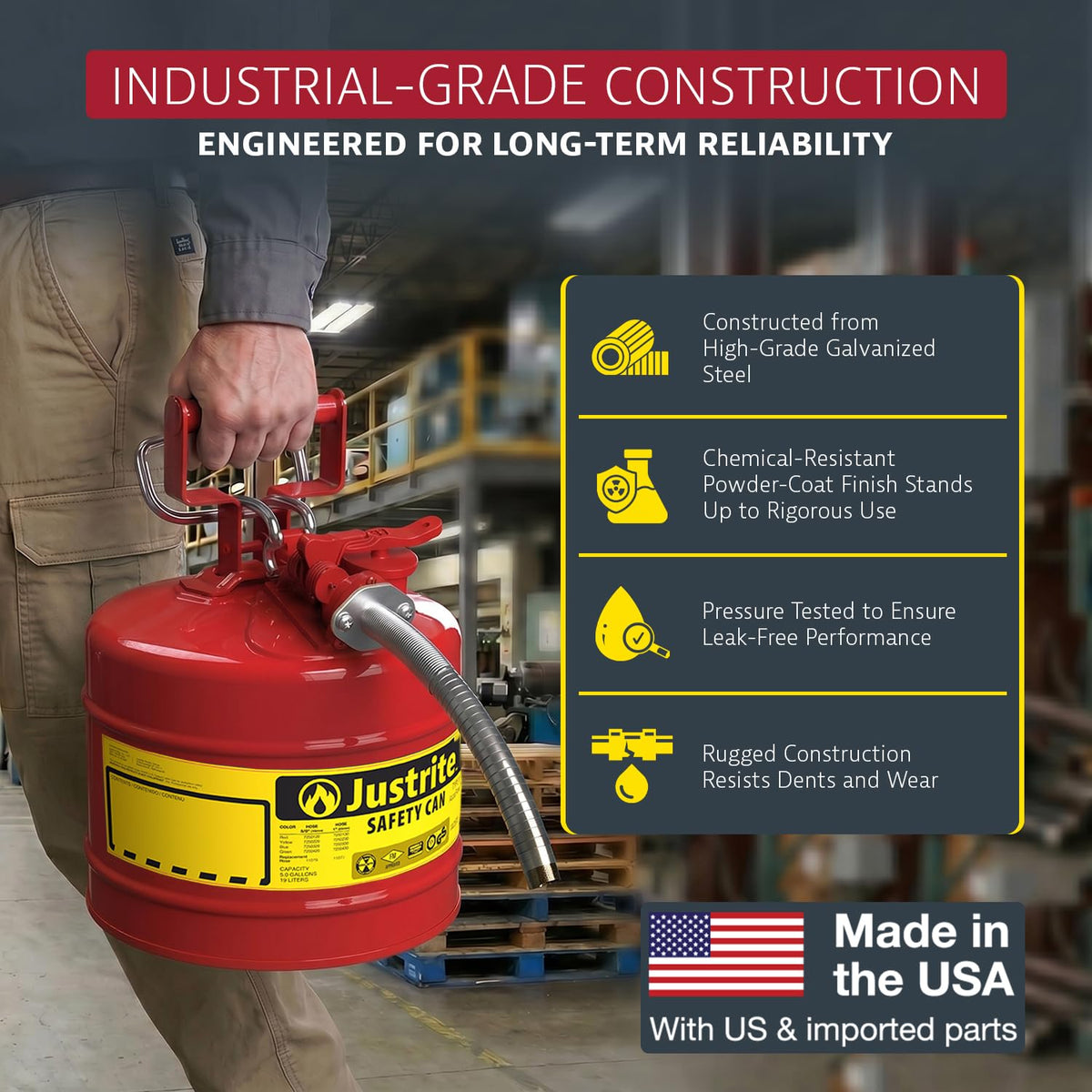 Justrite flexible metal hose directing fuel into a small opening for accurate filling